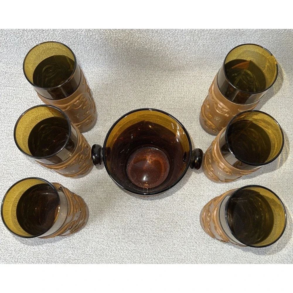 Whisky Glasses & Glass Ice Bucket Amber Embossed Leather Sleeve Set 7 Bar Liquor